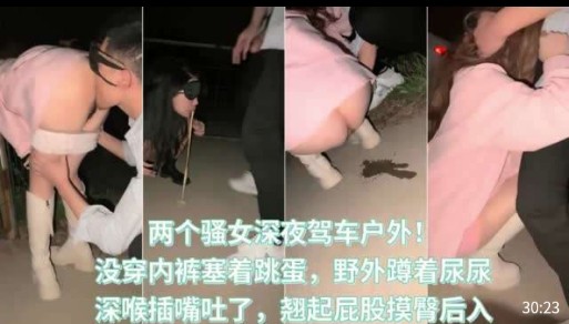 两个骚女深夜驾车户外， 没穿内裤塞着跳蛋，野外蹲着尿尿，深喉插嘴吐了，翘起屁股摸臀后入